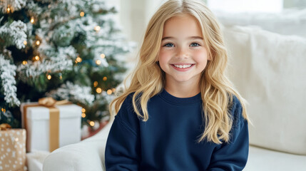 Obraz premium Young girl with long hair smiles cheerfully beside a decorated Christmas tree