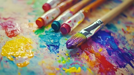 Close-up of Five Paintbrushes with Colorful Paint on Bristles, Resting on a Palette Covered in Splattered Multicolored Paint

