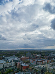 High Angle View of Buildings at Downtown Central Northampton City of East Midlands Region of England Great Britain. Aerial Footage Was Captured with Drone's Camera From Medium High Altitude on April 2