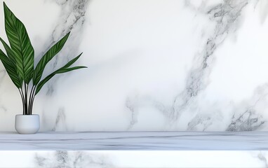 Stylish kitchen, marble countertops and plants, 3D illustration, isolated on white background