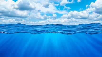 Oceanic panorama with split view horizon of blue sky, clouds, and deep blue underwater ocean. Copy space for ads.