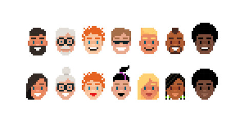 8-bit Game pixel avatar heads.  Game character skin collection. International male or female avatar heads  set. Funny pixel faces in retro game style. Editable pixel vector graphics © VRTX