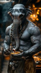 Muscular Elephant Chef Cooking with Intensity

