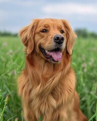 Obraz premium Golden retriever smiling in a lush green meadow