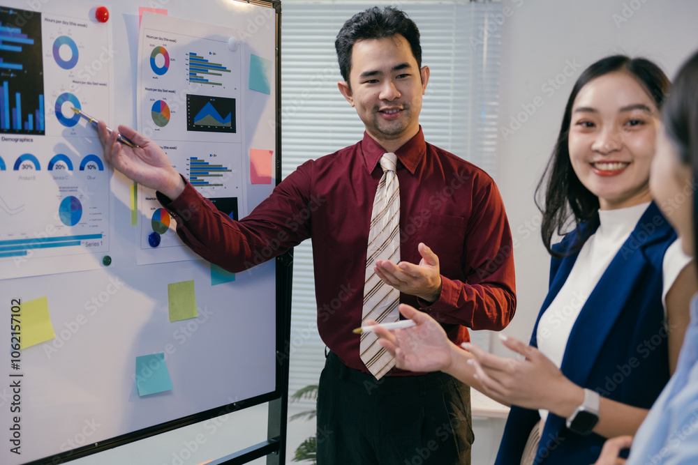 Poster asian businessman leading a presentation with charts and graphs on a whiteboard in a modern office, 