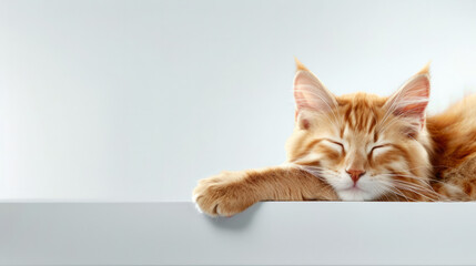 A sleeping orange cat peacefully resting on a white shelf during daytime