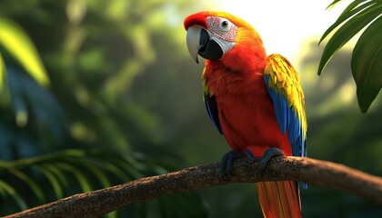 Obraz premium Vibrant parrot perched on a branch, tropical rainforest backdrop, colorful nature, 3D illustration, isolated on white background