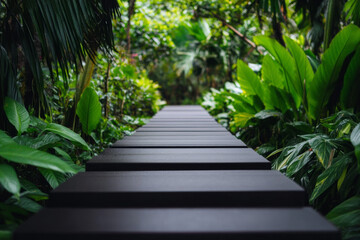 Serene pathway through lush tropical greenery in a vibrant garden