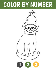 Color by number game for kids. Cute cat in a hat in the form of a Christmas tree. Christmas coloring book. Printable worksheet with solution for school and preschool. Learning numbers activity.