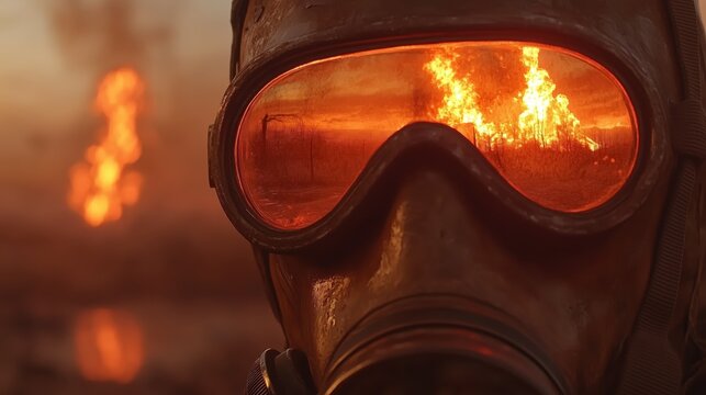 Close-up of a soldier wearing a gas mask with reflective goggles showing a blazing fire in the background, conveying an intense scene.