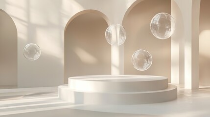 Sunlit minimalist interior with floating orbs and arched design