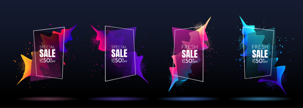 Vector illustration. Modern art graphic. Dynamic frame set with paint splash and halftone dots. 3d flowing gradient colorful wave. Element for design event invitation, gift card, flyer, cover, voucher