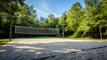 A sandy volleyball court surrounded by lush green trees under a clear blue sky, creating a refreshing natural atmosphere.