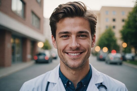 Close portrait of a smiling young American man doctor looking at the camera, American hospital blurred background