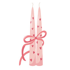 Two candles decorated with hearts and tied with ribbon. Scented candlelight with flame exudes cozy relax atmosphere Aromatherapy, relaxation, home decoration Flat vector illustration isolated on white
