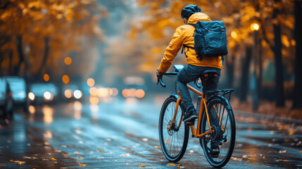 bicycle courier weaving through city streets, eco-friendly and fast food delivery option
