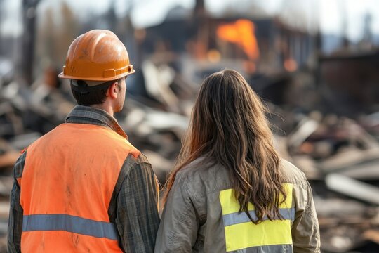 Workers assess damage at a fire scene in an industrial area during the day
