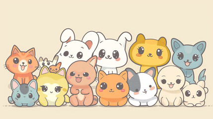Obraz premium Kawaii Animal Group in Pastel Colors