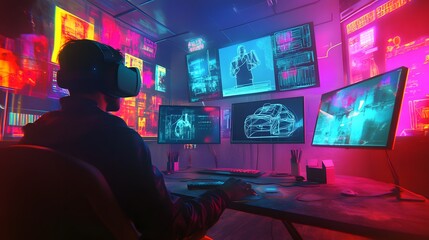 Person Using VR Headset with Futuristic Interface

