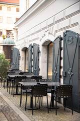 Cozy terrace with tables of cafe in Ljubljana, Slovenia