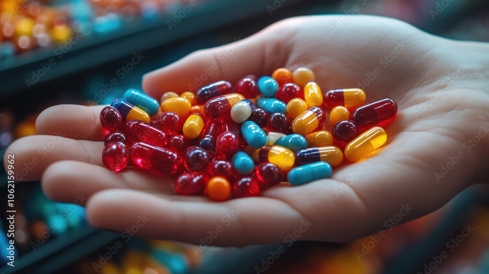 Wall mural close-up of colorful pills in a hand, symbolizing healthcare and medication, clear and vibrant