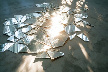 Sunlight reflecting on mirror shards scattered across floor