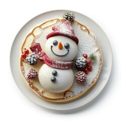 Fototapeta premium Snowman pancake art with berries and powdered sugar.