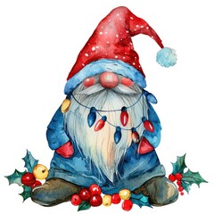 Watercolor Christmas gnome with lights and berries.