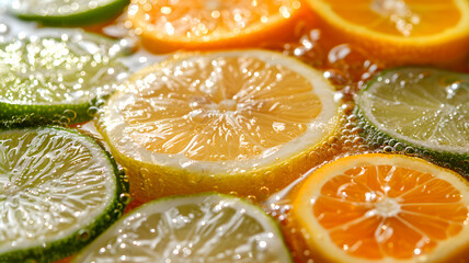 Close-ups of Lemon and Lime Slices Splashing and Dropping into Sparkling Fizzy Water, Refreshing Citrus Burst, and Used in Ads, Social Media, Packaging, Banners, Websites, Menus