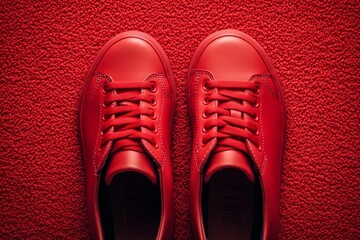 Pair of red sneakers resting on matching carpet