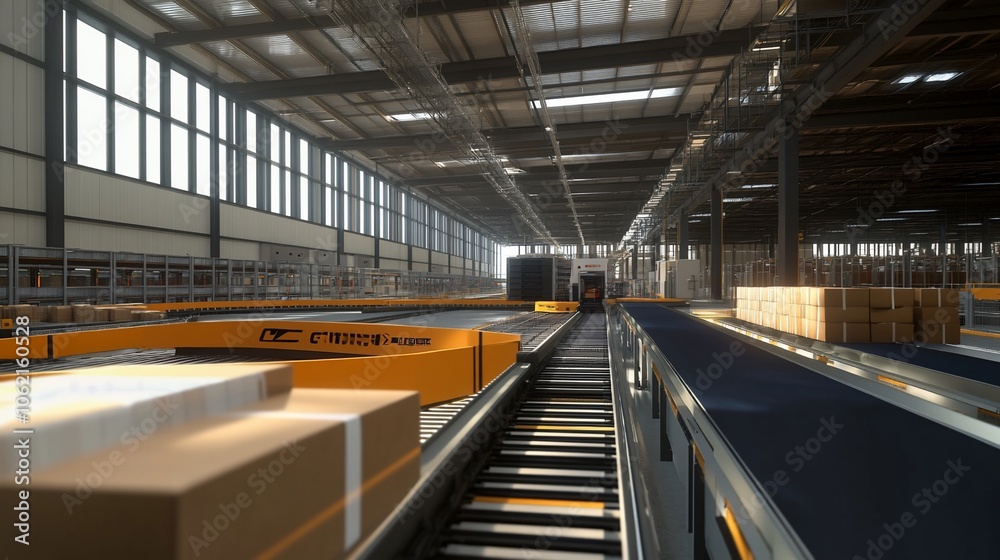 Poster A modern warehouse with a conveyor belt system for efficient package handling.