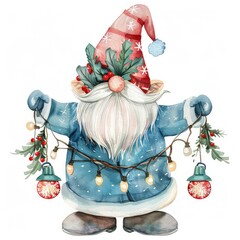 Watercolor illustration of a Christmas gnome holding lights.