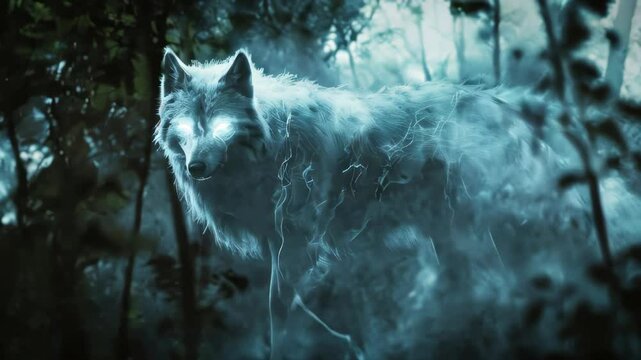 An ethereal spectral figure of a wolf with glowing eyes