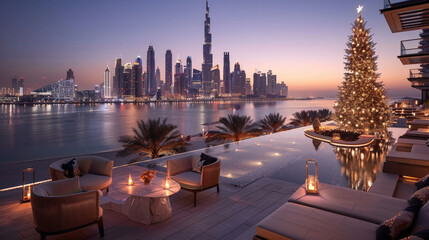 stunning New Years celebration at rooftop venue, featuring beautifully decorated Christmas tree, luxurious seating, and breathtaking view of city skyline at dusk. atmosphere is festive and elegant,
