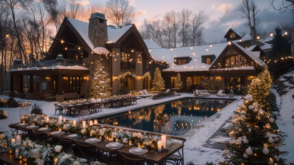 elegant outdoor winter wonderland setting featuring beautifully decorated house surrounded by snow. scene includes festive lights, pool, and long dining table adorned with flowers and candles,