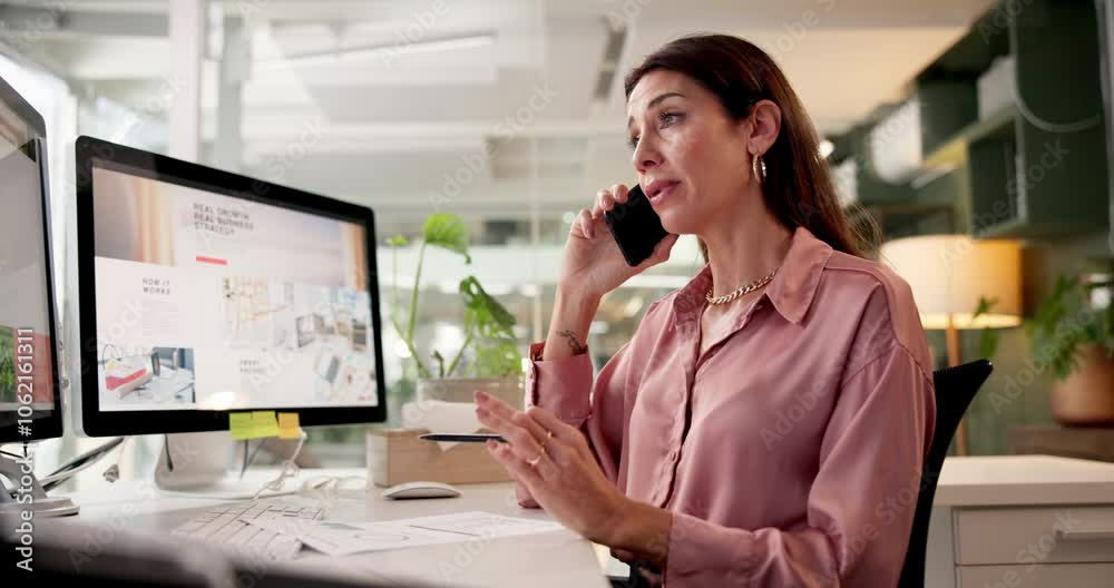 Aufkleber computer, phone call and planning with business woman at desk in office for administration or report