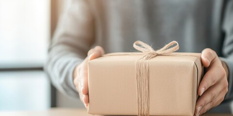 Person holding a wrapped gift box with a ribbon, soft natural lighting.