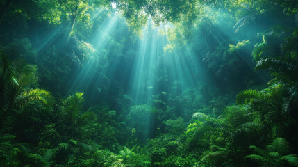 Obraz premium dense green forest with sunlight filtering through, pristine natural environment symbolizing conservation