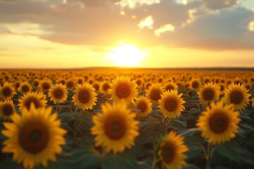 Obraz premium Sunflowers blooming in a field at sunset creating a scenic landscape