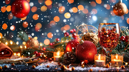 elegant table set for Christmas gala dinner, adorned with festive decorations, sparkling lights, and warm ambiance. scene captures joy and spirit of holiday season beautifully