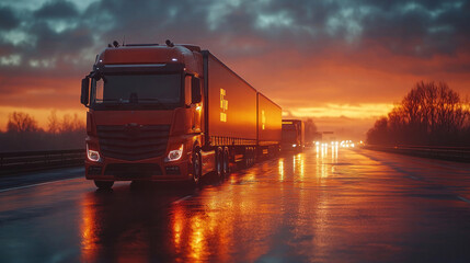 fleet of delivery trucks on a highway at sunrise, symbolizing efficient ground transportation and logistics