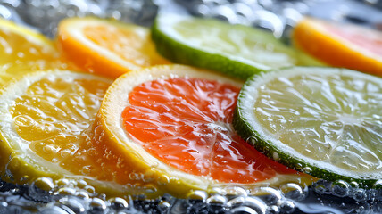 Close-ups of Lemon and Lime Slices Splashing and Dropping into Sparkling Fizzy Water, Refreshing Citrus Burst, and Used in Ads, Social Media, Packaging, Banners, Websites, Menus
