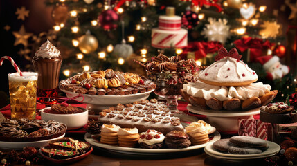 festive Christmas buffet table filled with array of delicious cookies, cakes, and desserts, beautifully arranged against backdrop of twinkling lights and holiday decorations