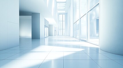 Obraz premium Modern and bright white hallway with large windows and tiled floor.