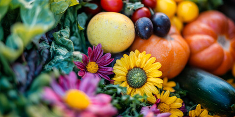 Vibrant display of fresh fruits, vegetables, and colorful flowers in a garden