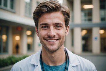 Obraz premium Close portrait of a smiling young Belgian man doctor looking at the camera, Belgian hospital blurred background