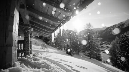 Fototapeta premium serene winter scene featuring icicles hanging from snow covered roof, with sunlight glistening through falling snowflakes. tranquil atmosphere evokes sense of peace and beauty in nature