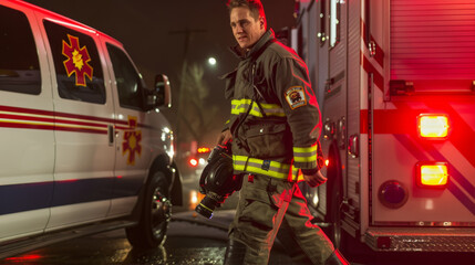 Firefighter in front of a car

