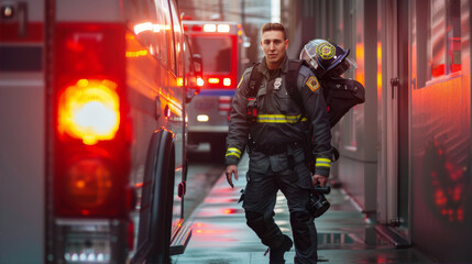 Obraz premium Firefighter in front of a car 