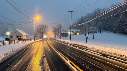 serene winter scene captures snowy road winding through small town, illuminated by streetlights. gentle snowfall adds peaceful ambiance to landscape